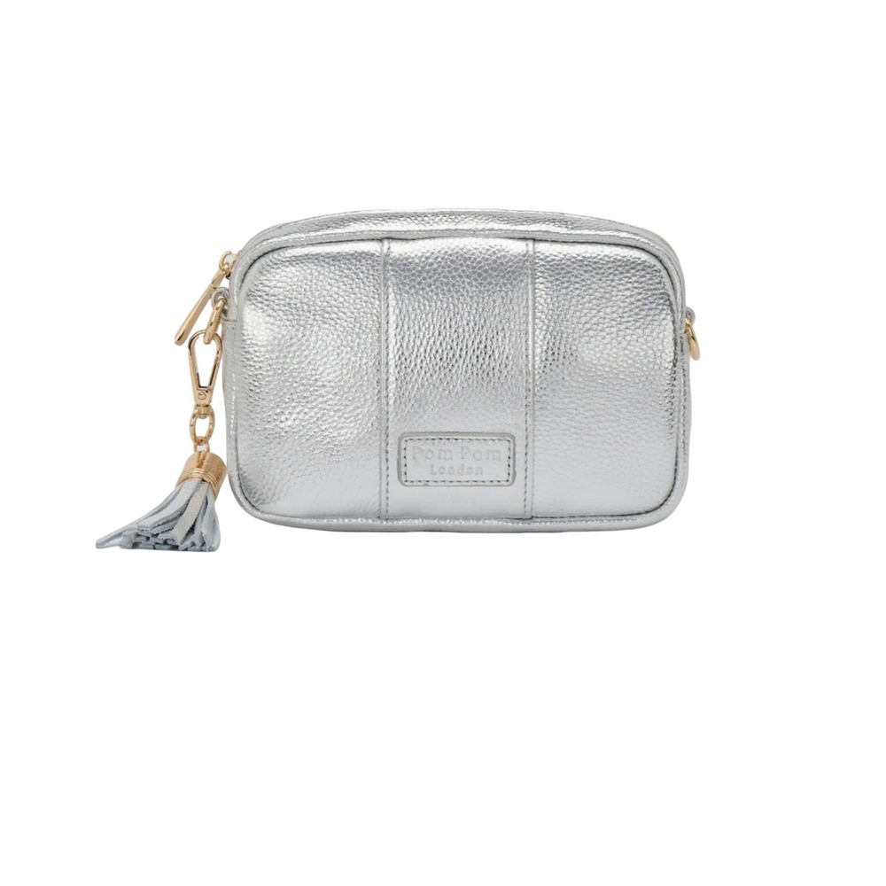 Pom Pom London City Mini Bag Metallic Silver Premium Leather Crossbody Bag